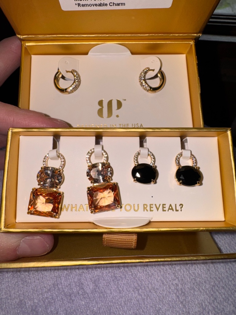 bp Gold-Tone Interchangeable Earrings with Amber, Black & Clear Stones